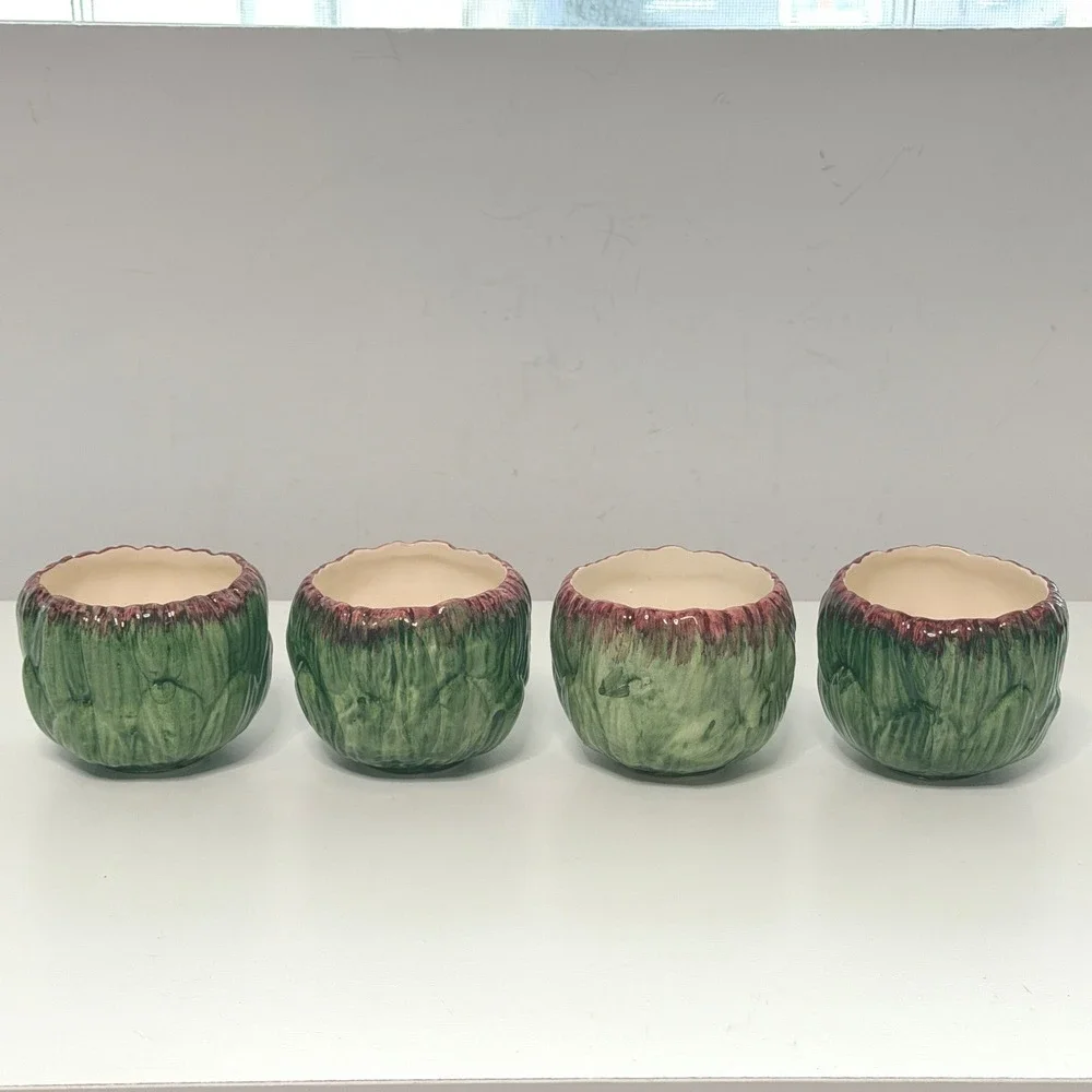 Vintage Sur La Table Artichoke Bowls Set of 4 Green Majolica Portugal Ceramic